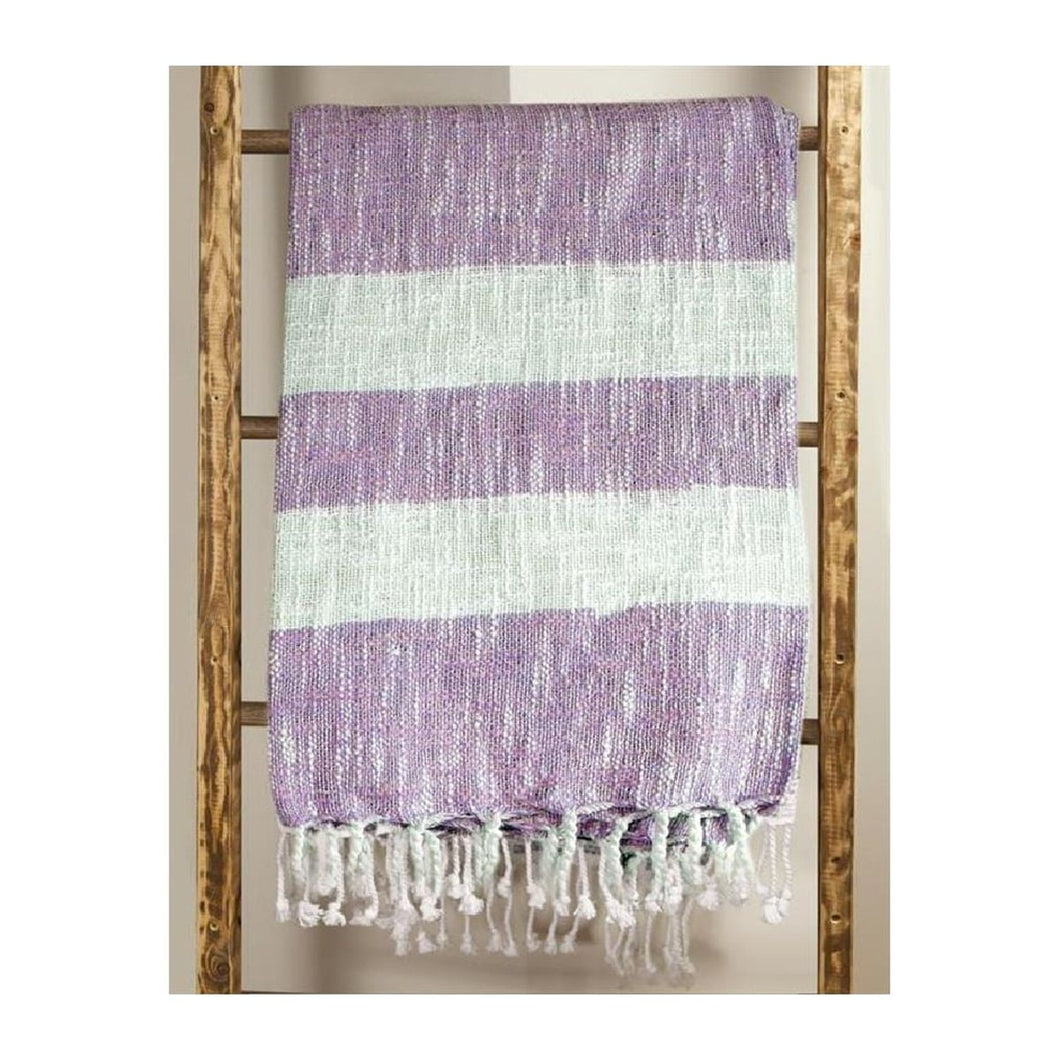Lavender and White Stripe Rectangular Cotton Throw Blanket with Fringed Border 50