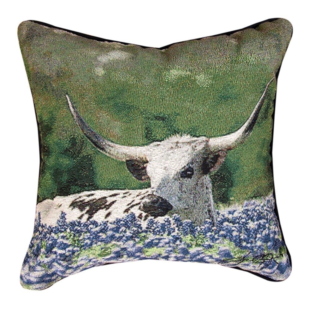 Longhorn Steer/Blue Bonnets Pillow 18