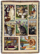Manual Tapestry Throw with Fringe, Kitty Korner, 47 X 60 - Inch - AT TEN Distribution