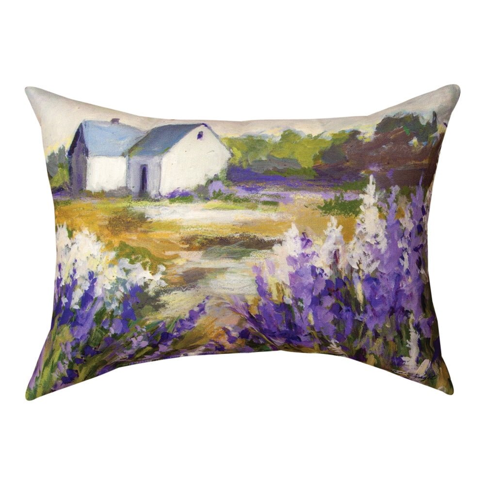 Meadowbrook White Barn Purple Flowers Climaweave Pillow 18