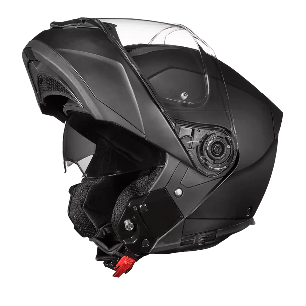 Black motorcycle helmet with clear visor on a white background