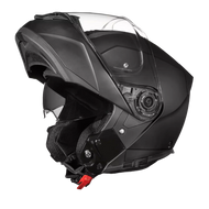 Black motorcycle helmet with clear visor on a white background