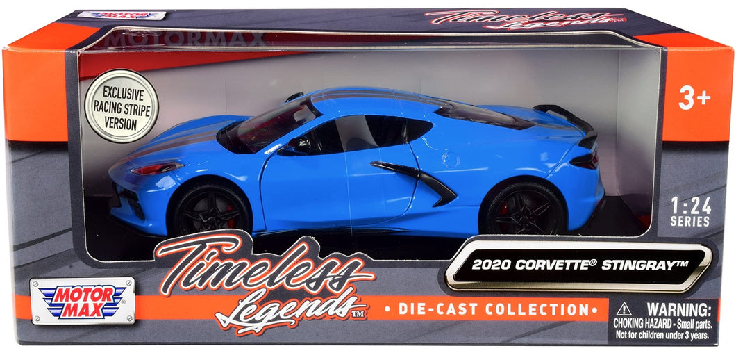 MotormaxToy 2020 Chevy Corvette C8 Stingray Blue with Silver Racing Stripes Timeless Legends 1/24 Diecast Model Car by Motormax79360 - AT TEN Distribution